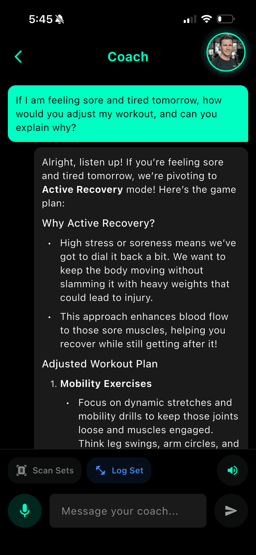 Alavita AI coach chat showing adaptation message