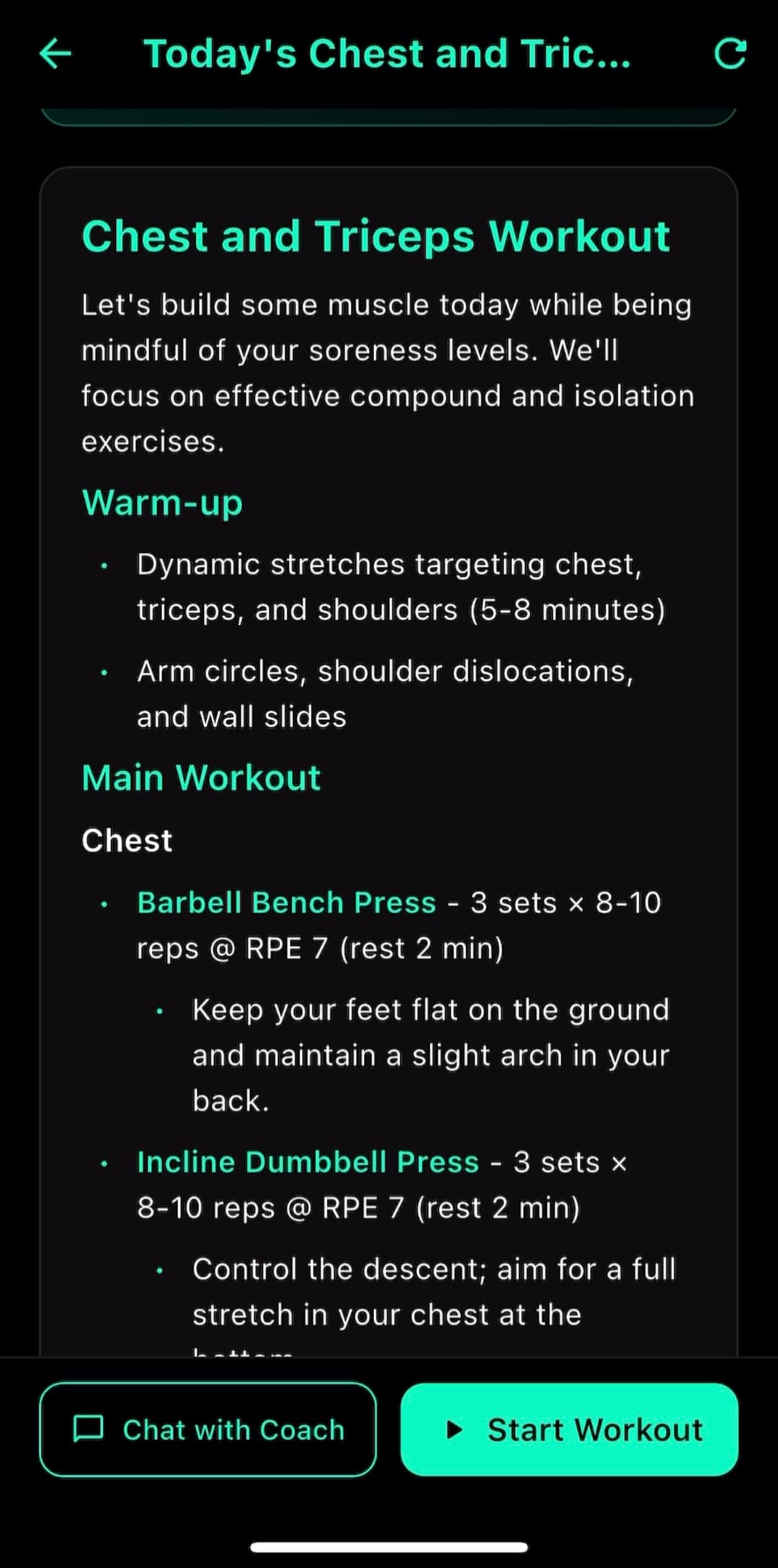 Alavita workout plan UI showing Back Squat 4×6 and other exercises